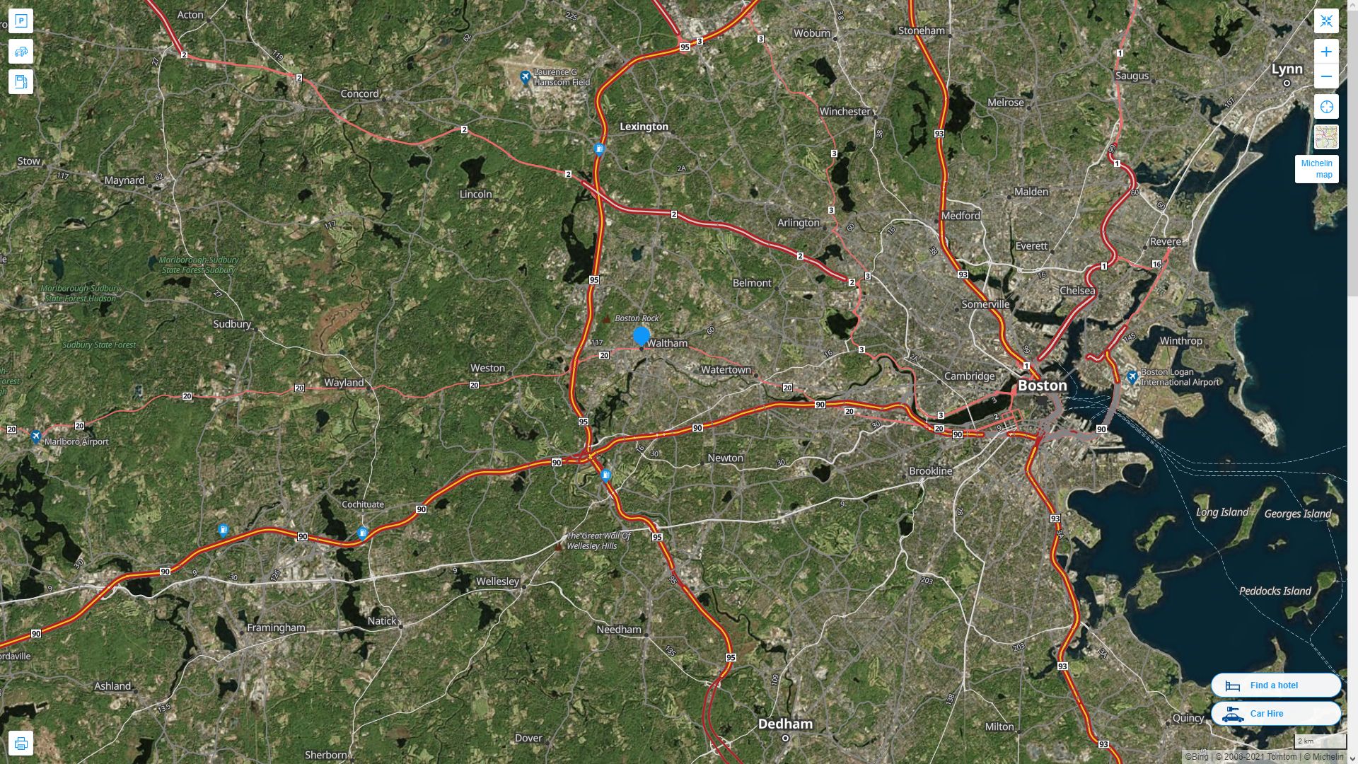 Waltham Massachusetts Highway and Road Map with Satellite View